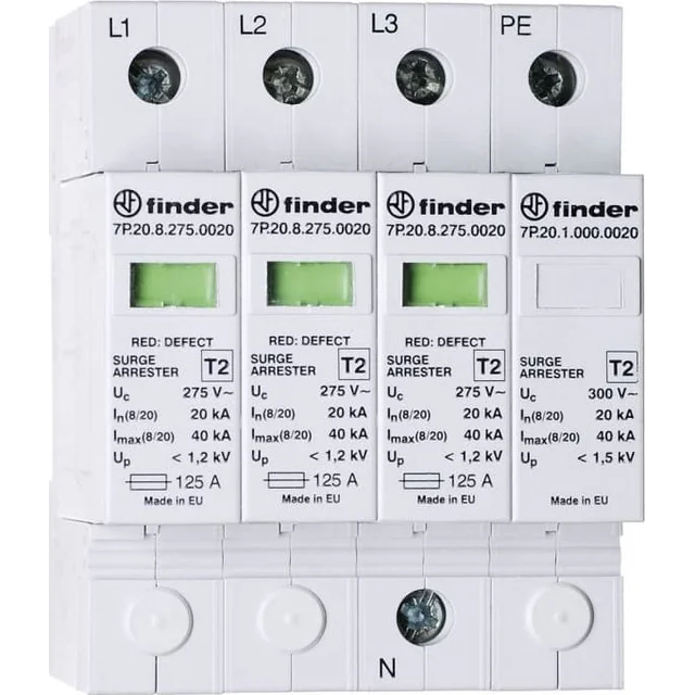 Finder Ogranicznik przepięć C tipas 2 20kA 1,2/1,5kV 230V AC, 3xwarystor+iskiernik (L-N/N-PE) 7P.24.8.275.0020