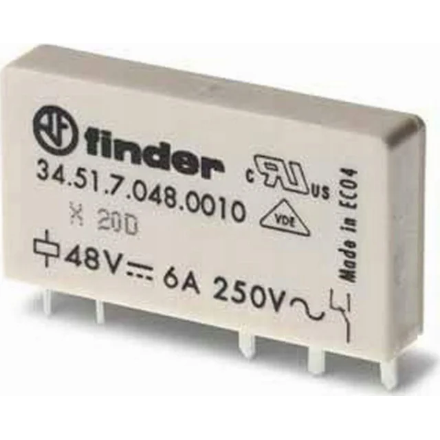 Finder Ohut sähkömagneettinen rele 1P 6A 60V DC, AgNi+Au-kosketin, piirilevylle 34.51.7.060.5010