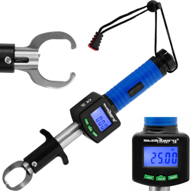 Fishing scales for fish with gripper, thermometer and measuring tape 1 m to 25 kg LCD