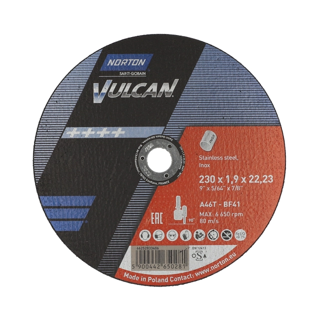 Flat cutting disc Norton Vulcan 230x1.9x22.23 inox for angle grinder