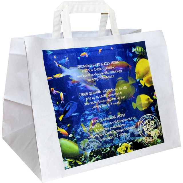 One Flat handle paper bag 22x10x28 cm (width x side,bottom folds x height),  white kraft paper, print 1-4 colors up to CMYK side. Orders from 100 pcs.  Orders from 100 pcs. 