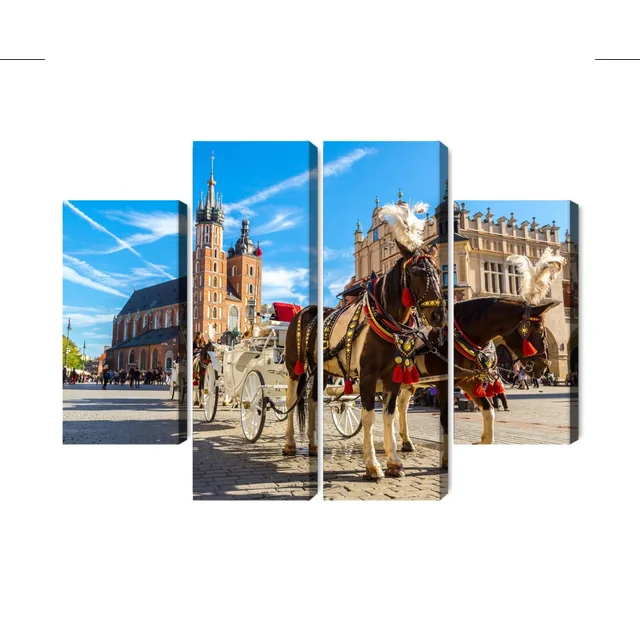 Flerdelad målning Hästvagnar på torget i Krakow