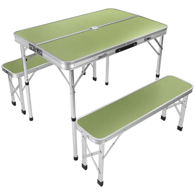 FOLDABLE CAMPING TOURIST TABLE 90x60x70CM AND 2 BENCHES 87x23x39CM GREEN