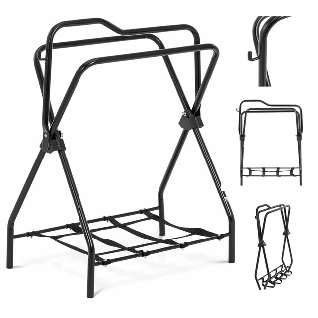 Folding metal saddle rack with shelf for 80 kg