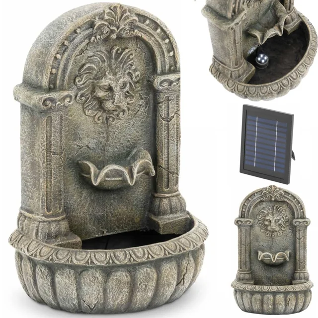 Fontaine cascade de jardin murale solaire avec éclairage LED, tête de lion, 2 W