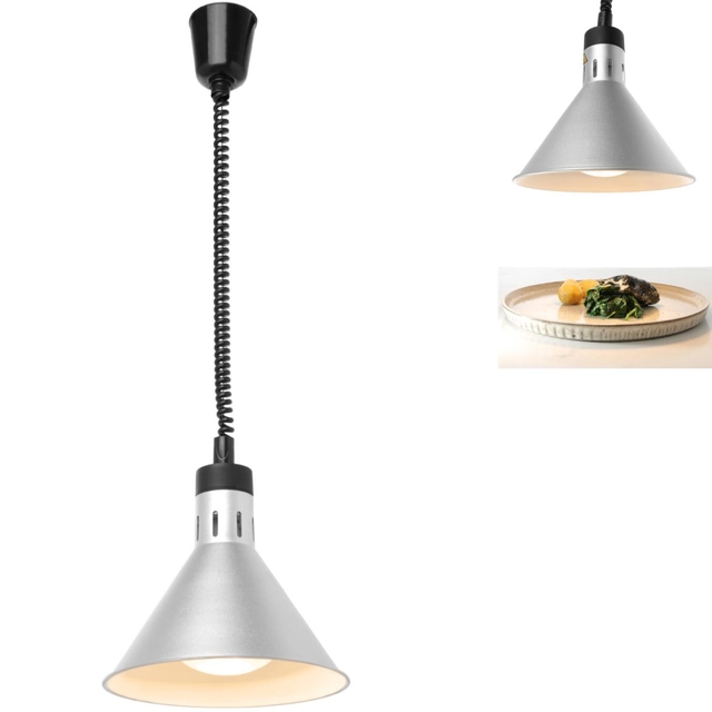 Food warming lamp - hanging conical silver 250W