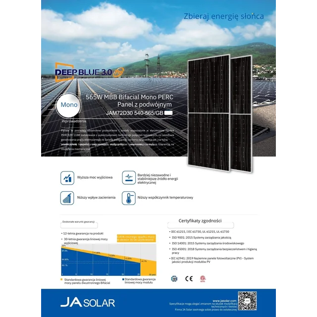 Фотоелектричний модуль Ja Solar 550W JAM72D30MB Двостороння срібна рамка