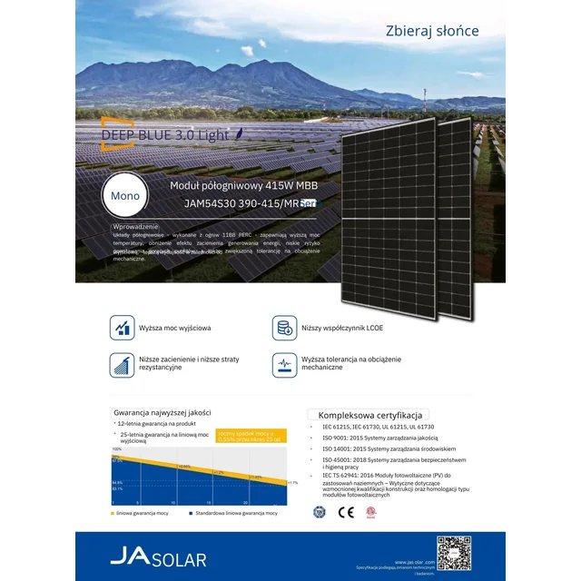 Fotoelementu modulis Ja Solar 415W JAM54S30-415/MR Melns rāmis