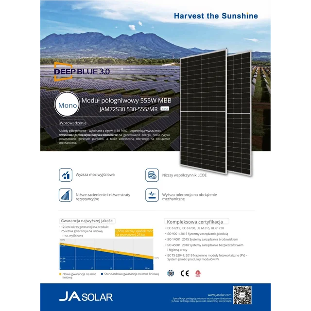 Fotoelementu modulis Ja Solar 550W JAM72S30 MR sudraba rāmis