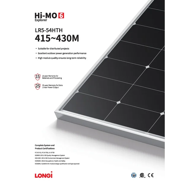 Fotoelementu modulis PV panelis 425Wp Longi Solar LR5-54HTH-425M Hi-MO 6 Explorer melns rāmis Melns rāmis