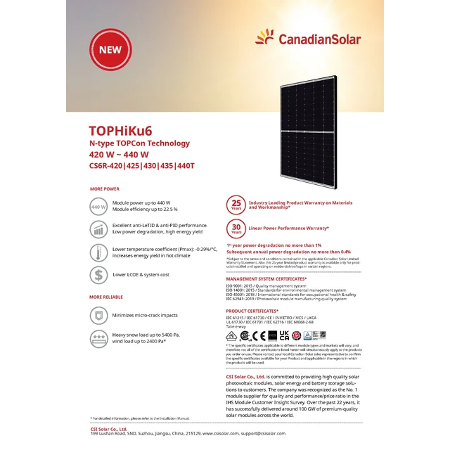 Fotoelementu modulis PV panelis 435Wp Canadian Solar CS6R-435T TOPHiKu6 N-tipa TOPCon (25/30 gadi garantija jumtam) BF Black Frame
