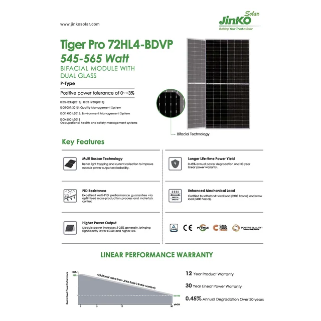 Fotoelementu modulis PV panelis 550Wp JINKO JKM550M-72HL4-BDVP Tiger Pro bifacial dubultā stikla sudraba rāmis