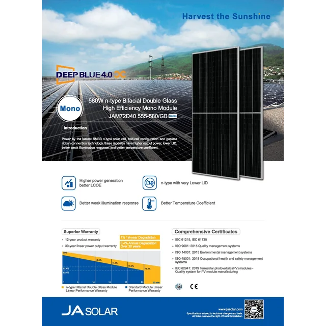 Fotoelementu modulis PV panelis 570Wp JA SOLAR JAM72D40-570/MB_SF Dziļi zils 4.0X Stikls Stikls Bifacial N-tipa sudraba rāmis Sudraba rāmis