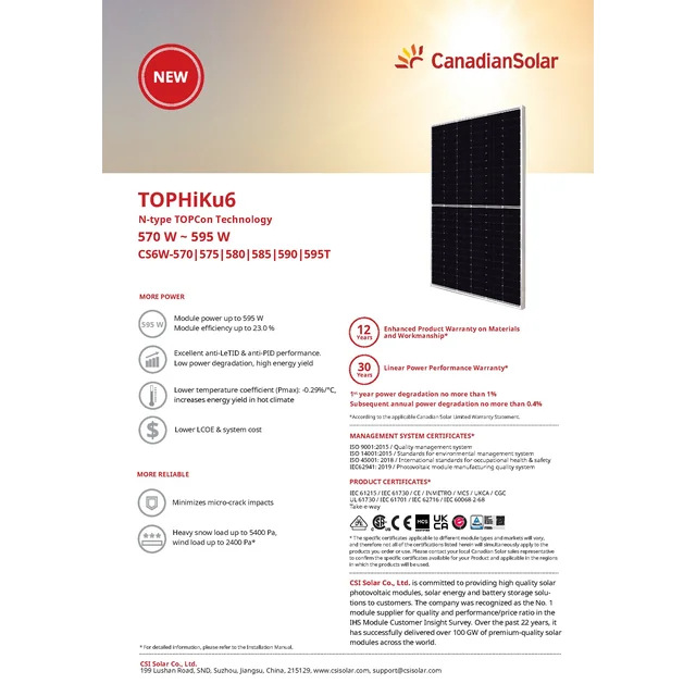 Fotoelementu modulis PV panelis 580Wp Canadian Solar CS6W-580T TopHiKu6 N-tipa sudraba rāmis Sudraba rāmis