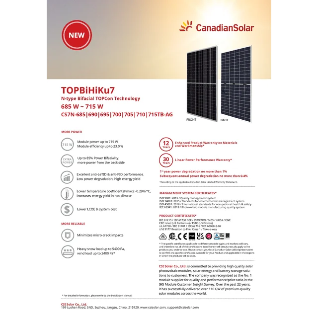 Fotoelementu modulis PV panelis 690Wp Canadian Solar CS7N-690TB-AG TopBiHiKu7 N-Type TOPCon Bifacial Sudraba rāmis Sudraba rāmis /Palete 33 gab/