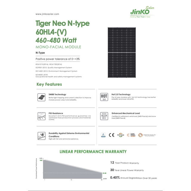 Fotoelementu paneļa pv modulis Jinko 475 N-type Tiger Neo 60HL4-(V) Melns rāmis 475W 475 W