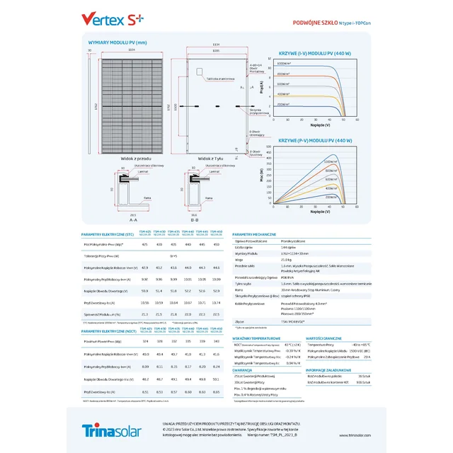 Fotogalvaaniline moodul PV paneel 425Wp Trina Vertex S+ TSM-425-NEG9R.28 topeltklaasist N-tüüpi must raam