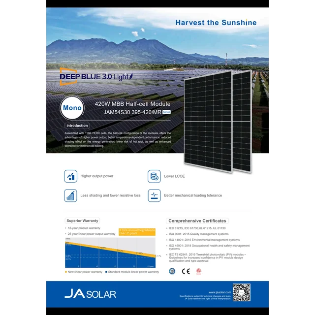 Fotonaponski modul Ja Solar JAM54S30-410/MR 410W Crni