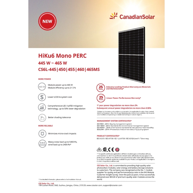 Fotonaponski modul PV panel 455Wp Canadian Solar CS6L-455MS HiKu6 Mono PERC (25-years jamstvo krovno) Crni okvir Crni okvir