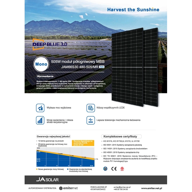 Fotonaponski modul PV panel 500Wp Ja Solar JAM66S30-500/MR_BF Deep Blue 3.0 Black Frame