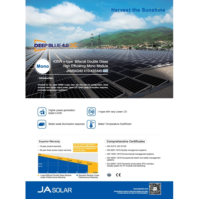 Фотоволтаичен модул PV панел 425Wp Ja Solar JAM54D40-425/MB_BF Deep Blue 4.0 N-тип Двулицево двойно стъкло Черна рамка Черна рамка
