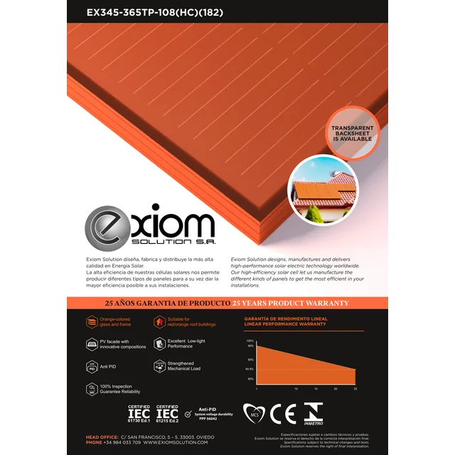 Fotovoltaický modul: EXIOM: ČERVENÝ MODUL: EX360TP-108(HC)(182)