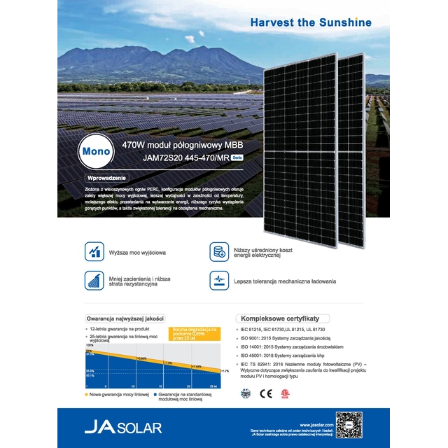 Fotovoltaický modul FV panel 465Wp JA Solar JAM72S20-465/MR_BF mono Černý rám