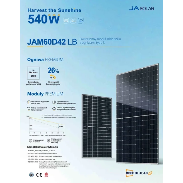 Fotovoltaický modul FV panel 525Wp JA SOLAR JAM60D42-525/LB_SF Deep Blue 4.0 Pro N-Type Stříbrný rám Stříbrný rám