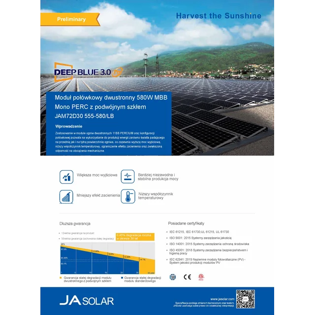 Fotovoltaický modul FV panel 565Wp JA SOLAR JAM72D30-565/LB_SF Deep Blue 3.0 Sklo Pro Glass Bifacial Strieborný rám Strieborný rám