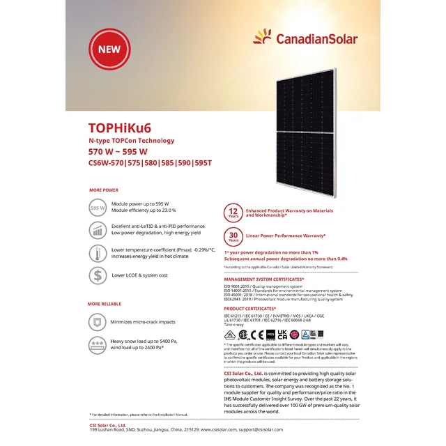 Fotovoltaický modul FV panel 585Wp Canadian Solar CS6W-585T TopHiKu6 N-Type Stříbrný rám Stříbrný rám