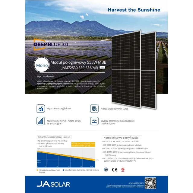 Fotovoltaický modul Ja Solar 550W JAM72S30 MR stříbrný rám