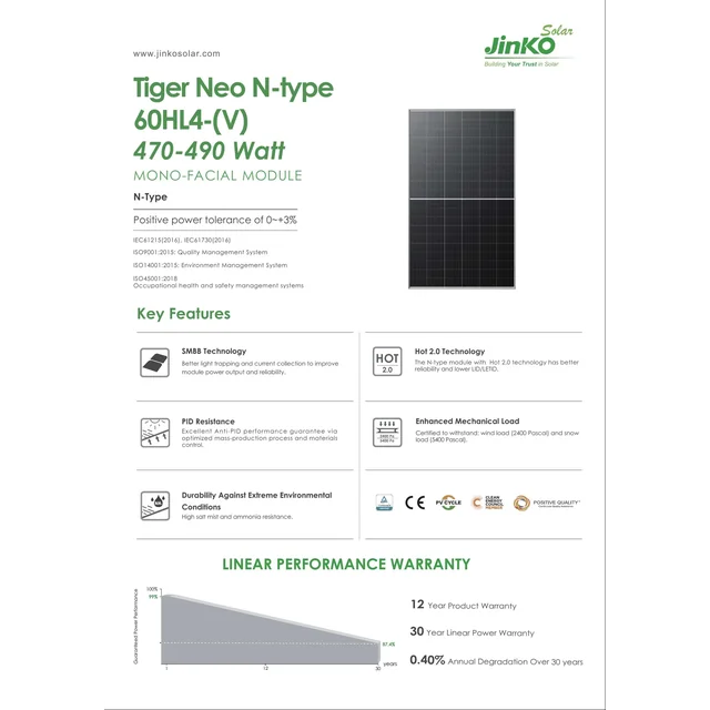 Fotovoltaický modul JinkoSolar JKM470N-60HL4-V 470W 1500V Stříbrný