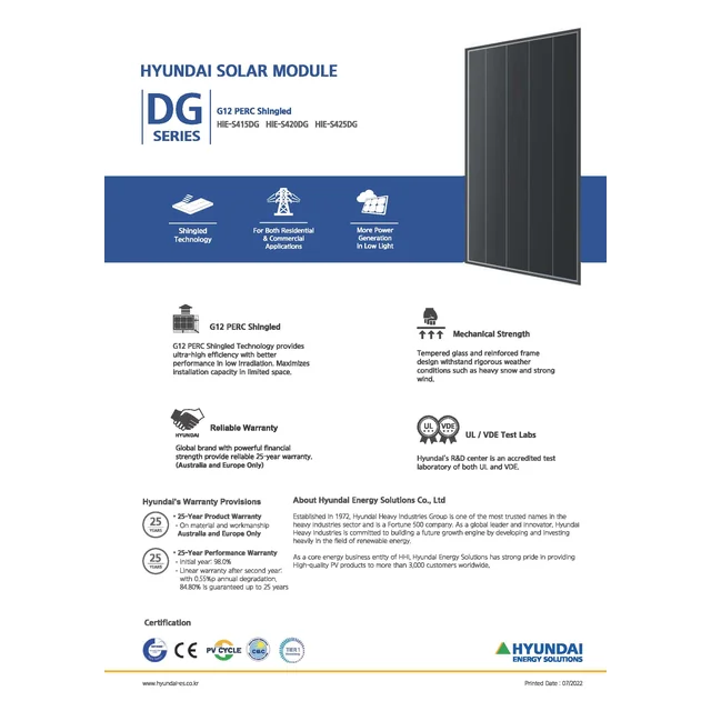 Fotovoltaikus modul PV panel 415Wp Hyundai HiE-S415DG(BF) G12 PERC zsindelyes fekete keret fekete keret