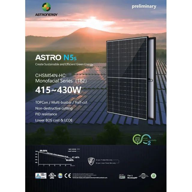 Fotovoltaikus modul PV panel 420Wp Asztronergia CHSM54M-HC420 Astro N5s TOPCon N-típusú fekete keret fekete keret