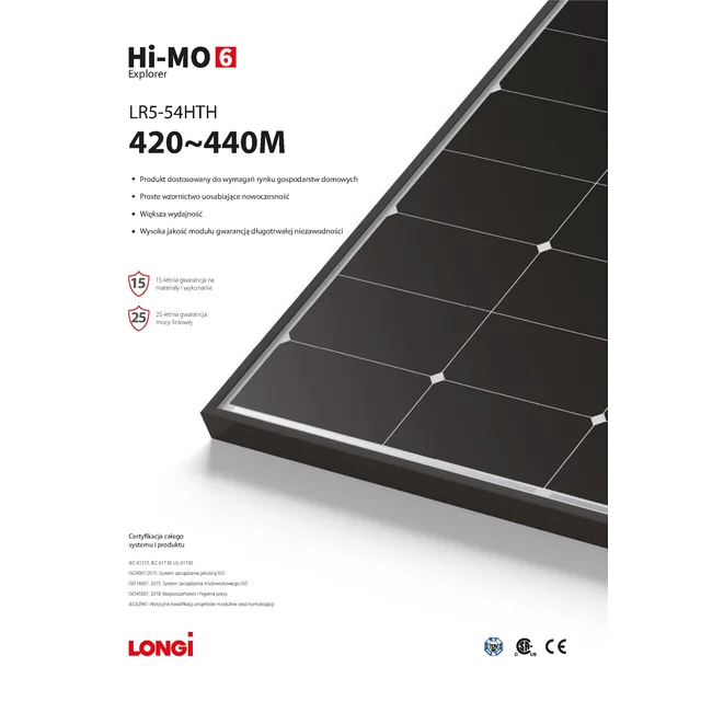 Fotovoltaikus modul PV panel 440Wp Longi Solar LR5-54HTH-440M Hi-MO 6 Explorer fekete keret Fekete keret