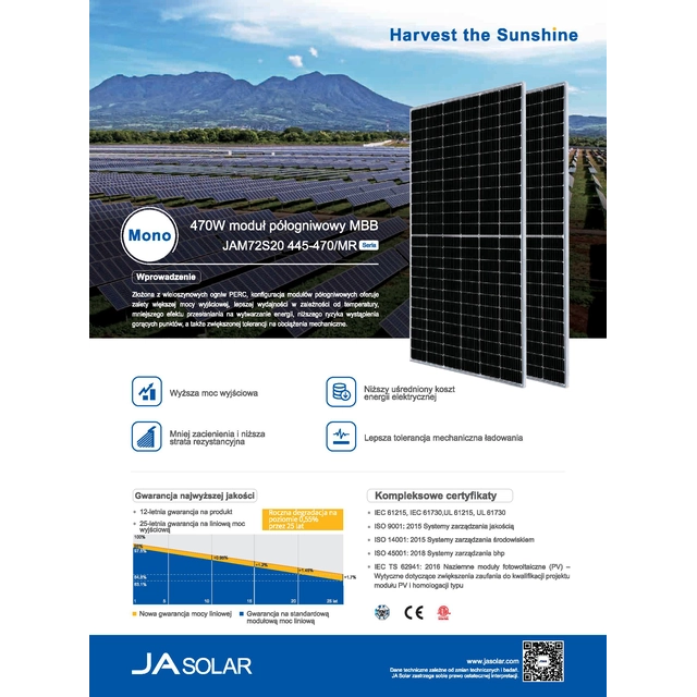 Fotovoltaikus modul PV panel 465Wp JA Solar JAM72S20-465/MR_BF mono Fekete keret