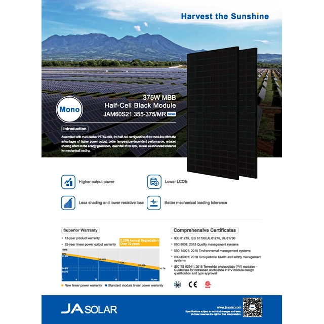 Fotovoltaikus panel JA SOLAR 365W TELJES FEKETE