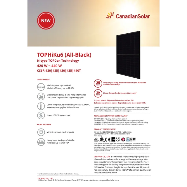 Fotovoltaïsche module PV-paneel 430Wp Canadian Solar CS6R-430T TOPHiKu6 (geheel zwart) N-type TOPCon (25/30 jaar garantie op het dak) Volledig zwart