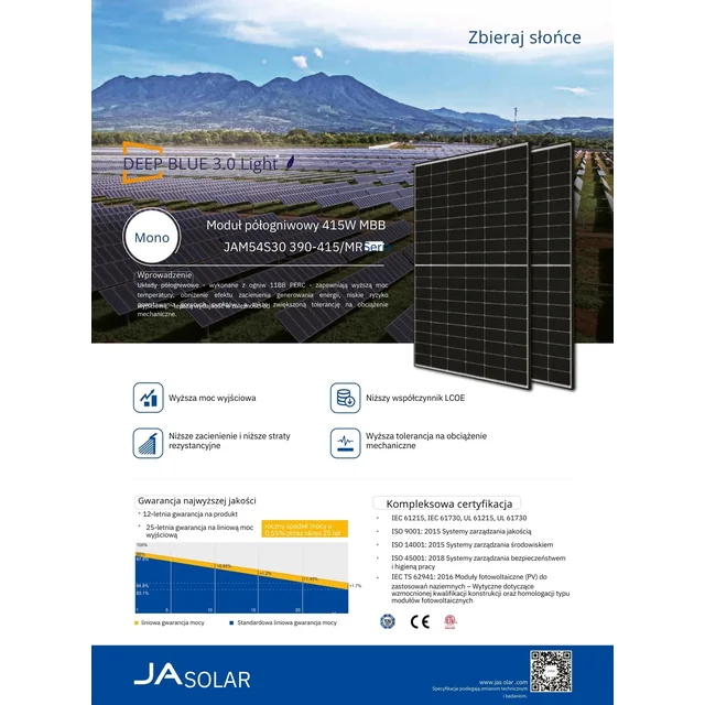 Fotovoltaisk modul Ja Solar 415W JAM54S30-415/MR Sort ramme