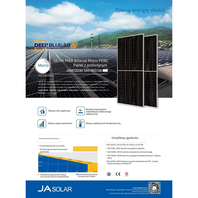 Fotovoltaisk modul Ja Solar 550W JAM72D30MB Bifacial sølvramme