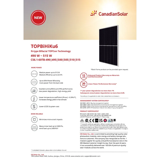 Fotovoltaisk modul PV panel 500Wp Canadian Solar CS6.1-60TB-500 TOPBiHiKu6 N-type TOPCon Bifacial Black Frame Black Frame