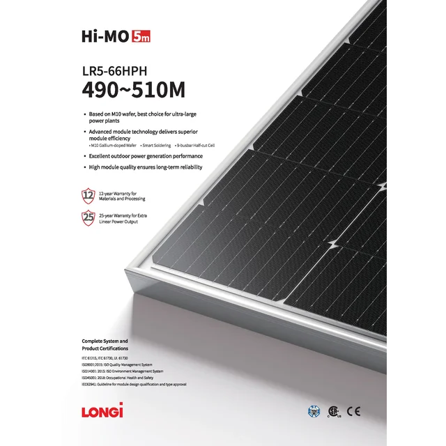 Fotovoltaisk modul PV panel 505W Longi LR5-66HPH-505M Hi-MO 5M Sort ramme Sort ramme