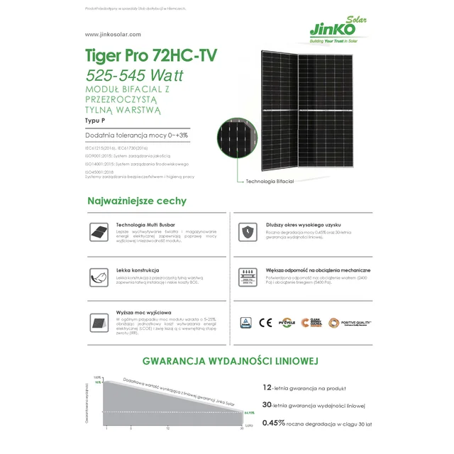 Fotovoltaisk modul PV-panel 540Wp JINKO JKM540M-72HL4-TV Tiger Pro Bifacial Sølvramme