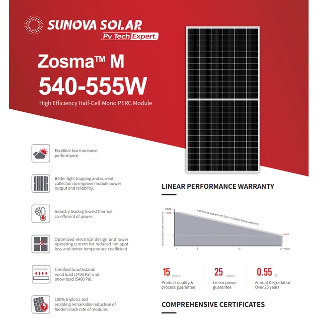 Fotovoltaiske paneler Sunova Zosma 550W, minimum ordre 1 beholder