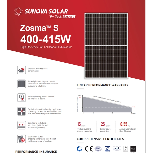 Fotovoltinės plokštės Sunova Zosma 410W - Minimalus užsakymas 1 konteineris