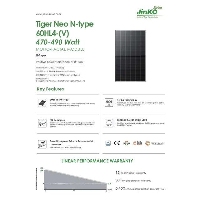 Fotovoltinis modulis JinkoSolar JKM480N-60HL4-V 480W 1500V Juodas