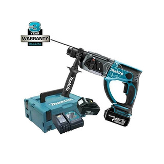 Furadeira de impacto sem fio Makita DHR202RFJ 18 V | 2 J | Em concreto 20 mm | 3,5 kg | Escova de carvão | 2 x 3 Ah bateria + carregador | Em uma mala