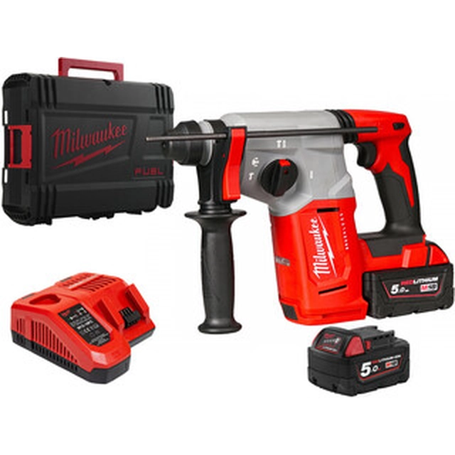 Furadeira de impacto sem fio Milwaukee M18BLH-502X 18 V | 2,3 J | Em concreto 26 mm | 2,6 kg | Carbono sem escova | 2 x 5 Ah bateria + carregador | No caso de serviço pesado