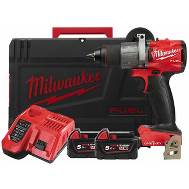 Furadeira de impacto sem fio Milwaukee M18ONEPD2-502X 18 V | 135 Nm | 0 - 13 mm | Carbono sem escova | 2 x 5 Ah bateria + carregador | No caso de serviço pesado