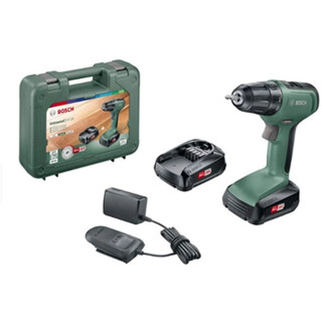 Furadeira sem fio Bosch UniversalDrill 18 com mandril 18 V | 30 Nm | Escova de carvão | 2 x 1,5 Ah bateria + carregador | Em uma mala